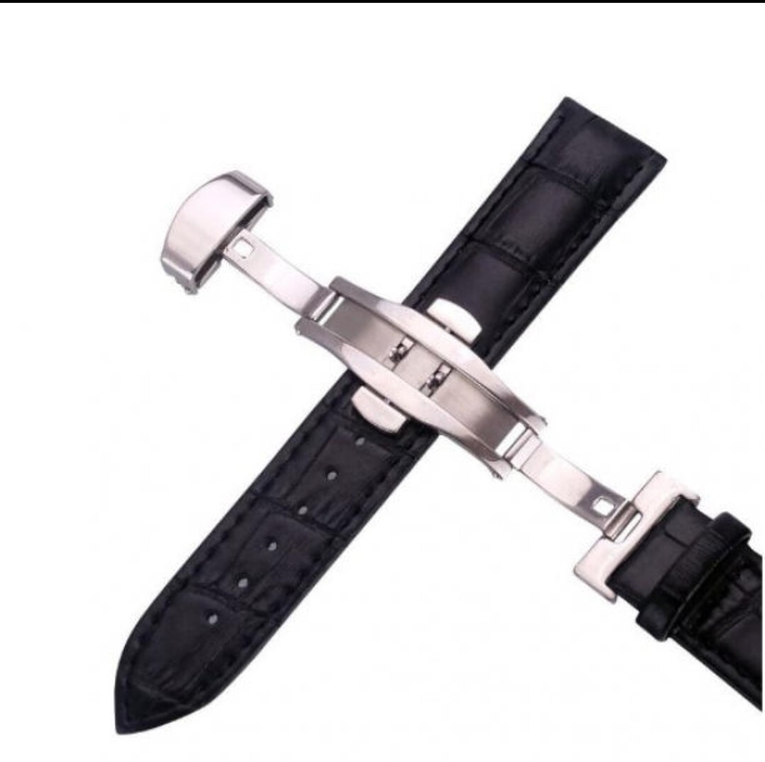腕時計ベルト レザーベルト 革ベルト Dバックルベルト 20mm black 交換用革ベルト 腕時計バンド スペアベルト 時計バンド バネ棒付きの画像4