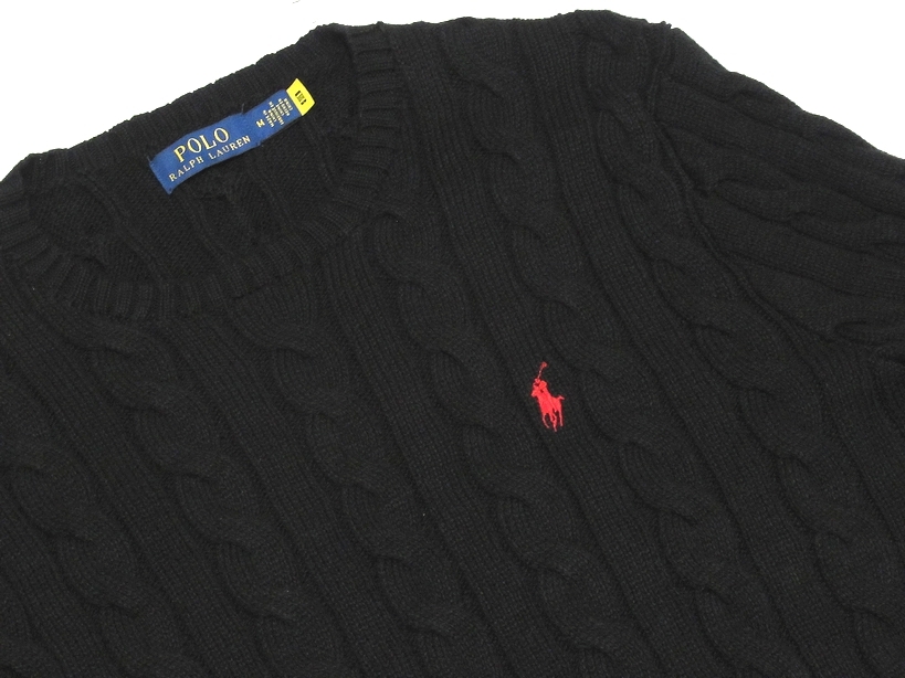 極美品 POLO RALPH LAUREN ラルフローレン ポニー刺繍 ケーブル編み クルーネック コットンニットセーター ブラック M メンズ 国内正規品_画像3