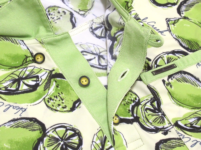 極美品 Heal Creek ヒールクリーク ゴルフ フルーツプリント 総柄デザイン 吸汗速乾 ストレッチ 半袖ポロシャツ 50(L) 日本製 メンズの画像4