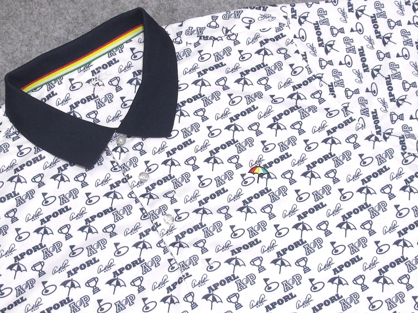 極美品 Arnold Palmer GOLF アーノルドパーマー ゴルフ モノグラムプリント 吸汗速乾 半袖ポロシャツ ホワイトｘネイビー XO(3L) メンズ_画像3