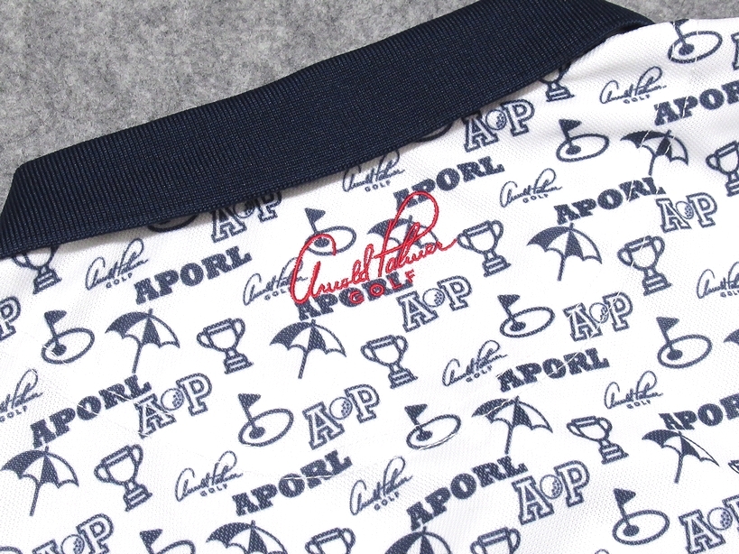 極美品 Arnold Palmer GOLF アーノルドパーマー ゴルフ モノグラムプリント 吸汗速乾 半袖ポロシャツ ホワイトｘネイビー XO(3L) メンズ_画像5