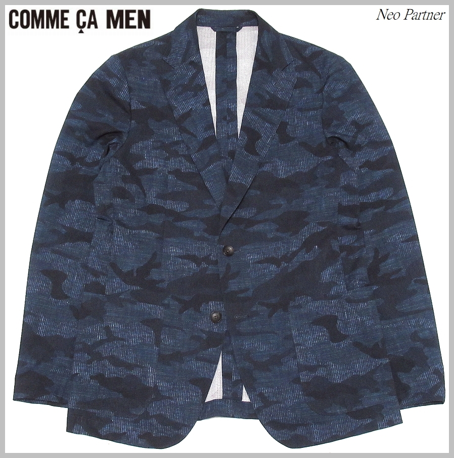 定価￥47,300 美品 COMME CA MEN コムサメン 春夏 カモフラ リップストップシェル ストレッチ 2つボタン ジャケット ネイビー L メンズの画像1