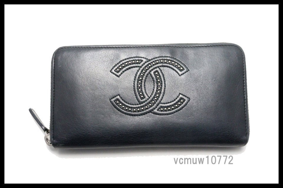 近年モデル希少美中古■CHANEL 20番台 デカココ スタッズ レザー ラウンドファスナー 長財布 シャネル■0307cb27800