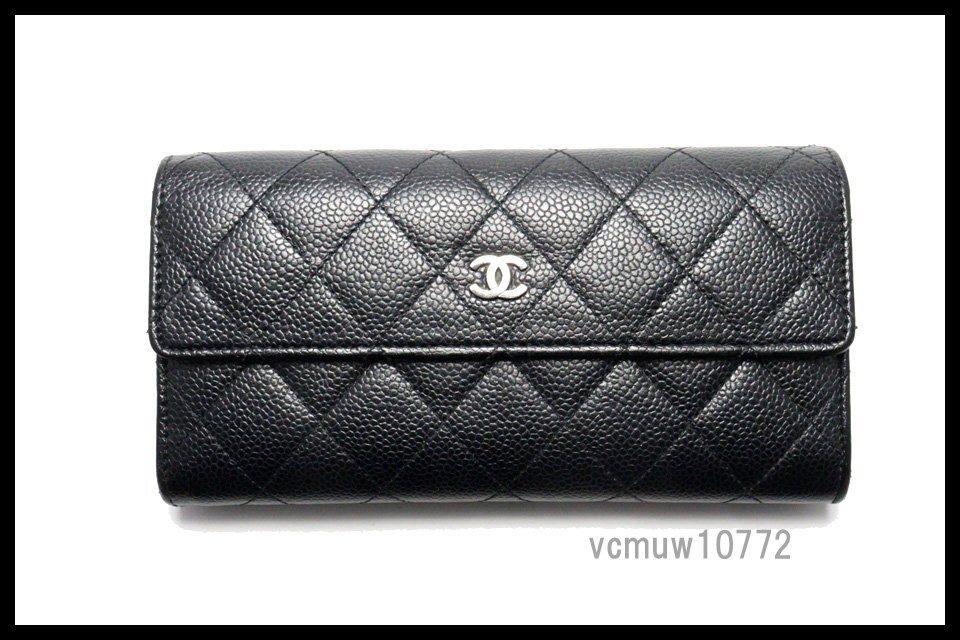 希少美中古■CHANEL 16番台 キャビアスキン マトラッセ SV金具 レザー 2つ折り長財布 シャネル■0307su1304-10K_画像1