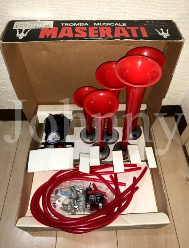 5連ラッパ ミュージックホーン 同時音切替式 MASERATI 赤ラッパ 12V マセラティ UNUS 昭和 暴走族 当時物の画像3