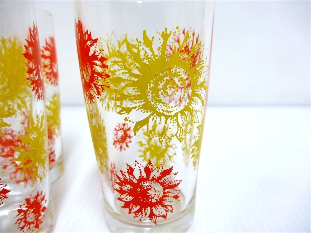 昭和レトロポップ ひまわり 花柄 タンブラーグラス 8個 オレンジ＆イエロー 当時物の画像3