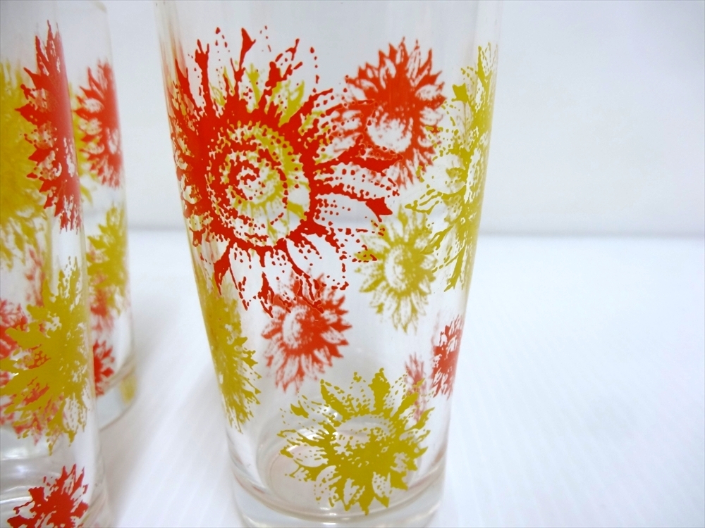昭和レトロポップ ひまわり 花柄 タンブラーグラス 8個 オレンジ＆イエロー 当時物の画像4