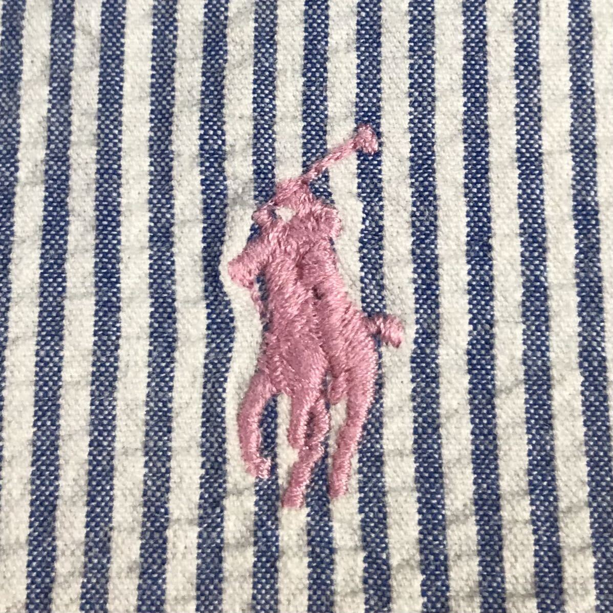 POLO BY RALPH LAUREN ポロバイ ラルフローレン 半袖シャツ M ストライプ ブルー×ホワイト 縮緬調 刺繍ポニー_画像5