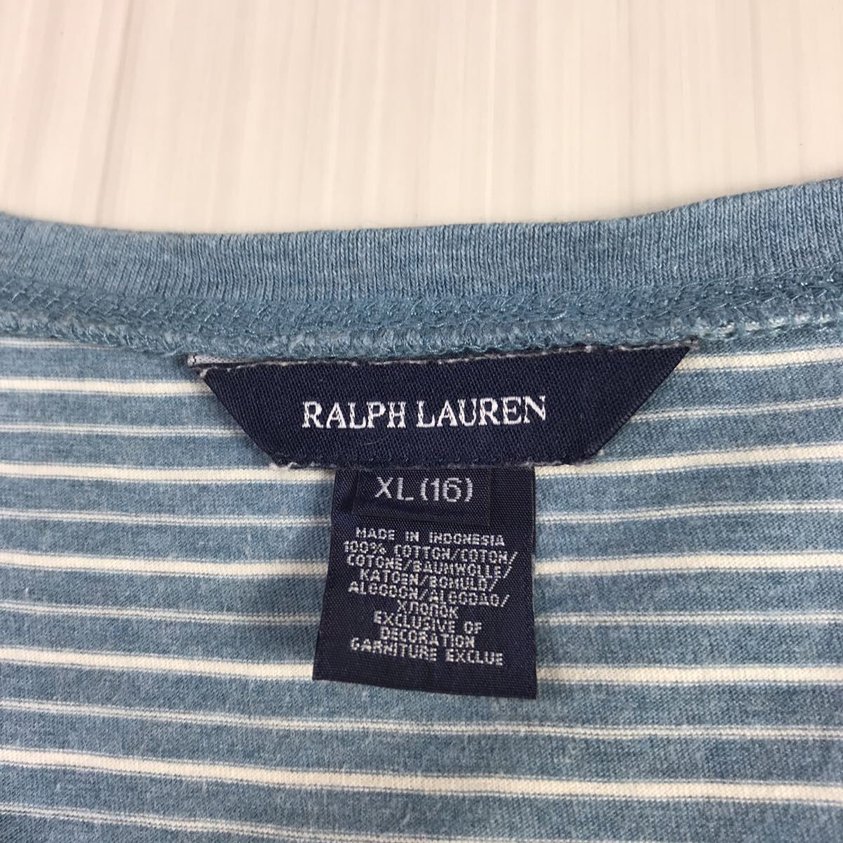 RALPH LAUREN ラルフローレン 半袖Tシャツ XL（16) ユース バイカラー ボーダー柄 くすみブルー×ホワイト 刺繍ポニー_画像5