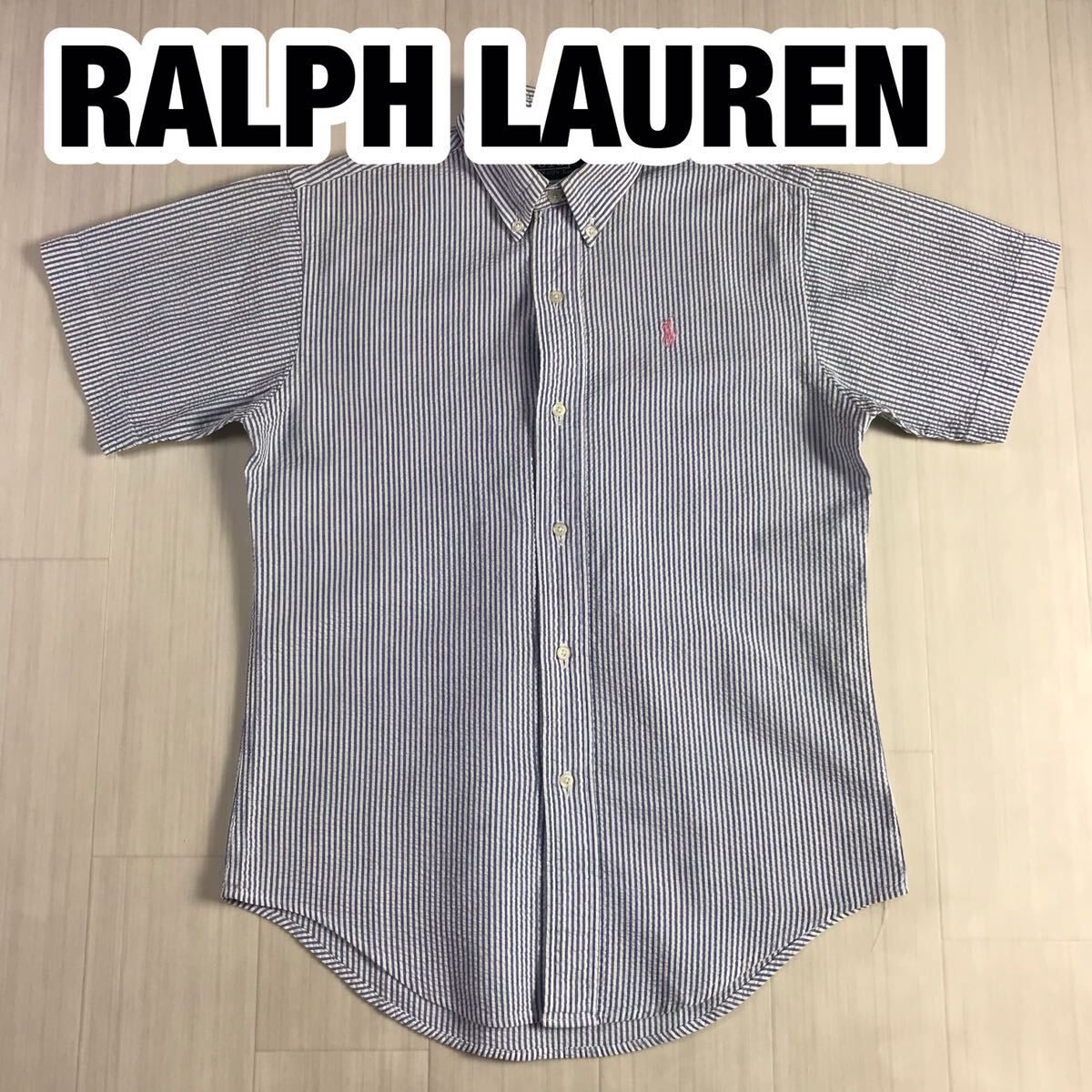 POLO BY RALPH LAUREN ポロバイ ラルフローレン 半袖シャツ M ストライプ ブルー×ホワイト 縮緬調 刺繍ポニー_画像1