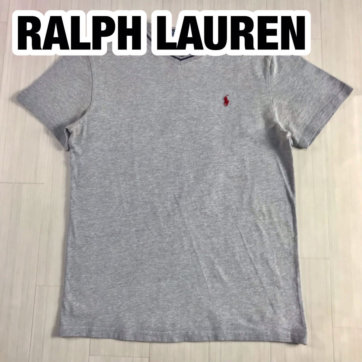POLO BY RALPH LAUREN ポロバイラルフローレン 半袖Tシャツ L（14-16) ユースサイズ ライトグレー 霜降り 刺繍ポニー Vネック_画像1