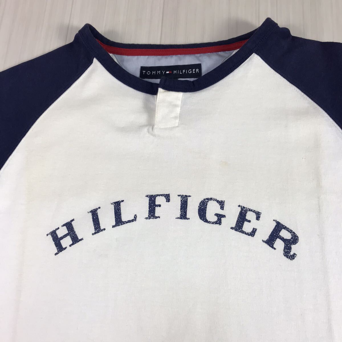 TOMMY HILFIGER トミー ヒルフィガー 半袖Tシャツ S ホワイト×ネイビー プリントTシャツ ビッグロゴ ラグランスリーブの画像4