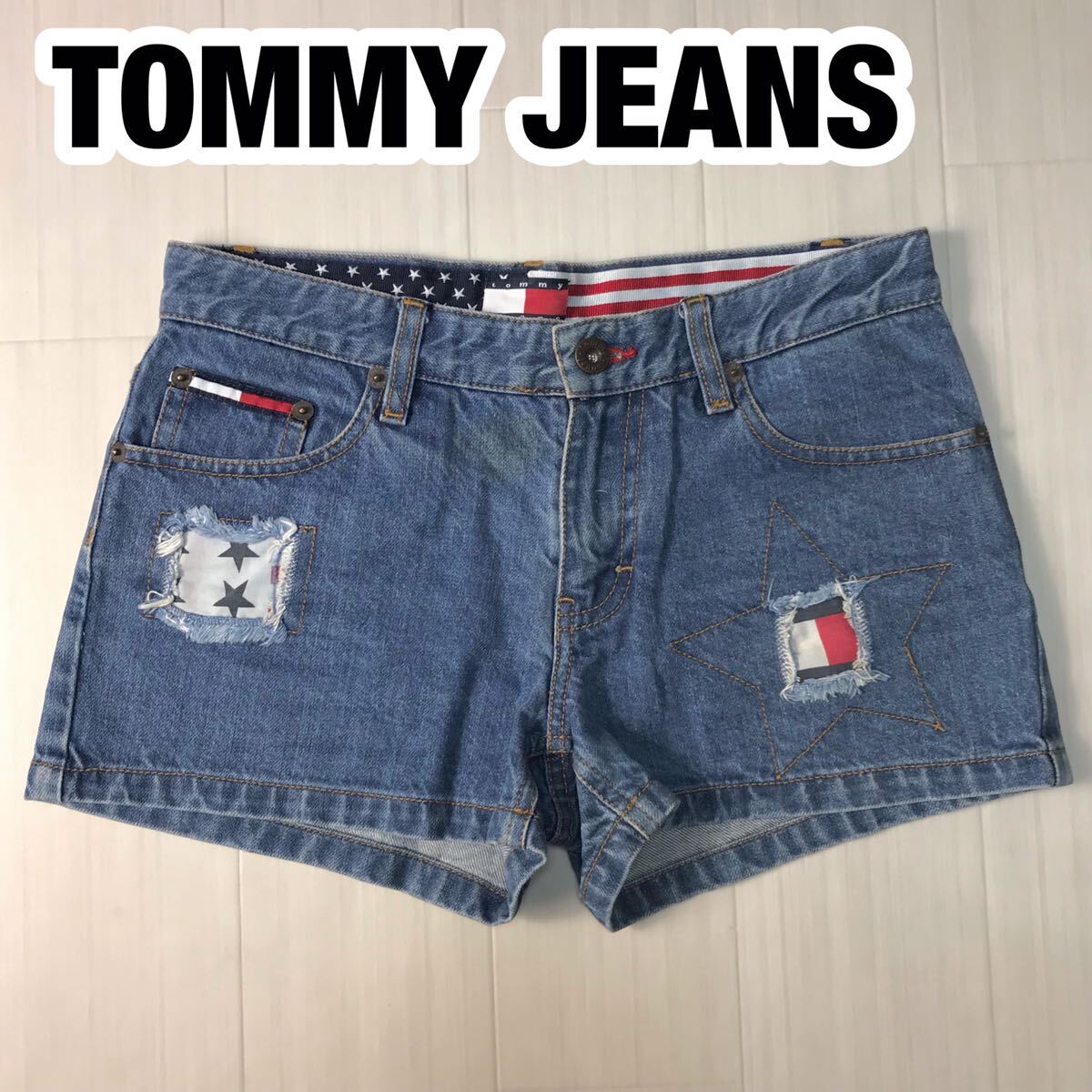 TOMMY JEANS トミー ジーンズ デニムパンツ ショートパンツ 1 インディゴブルー ダメージ加工 パッチワーク 国旗 フラッグタグ_画像1