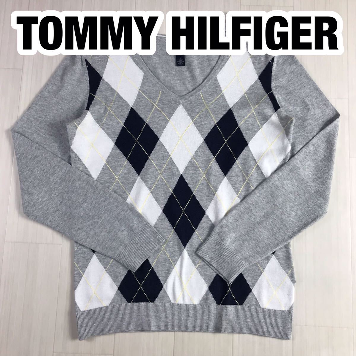 TOMMY HILFIGER トミー ヒルフィガー コットンニット M ライトグレー 霜降り アーガイル Vネック 刺繍ロゴ フラッグの画像1