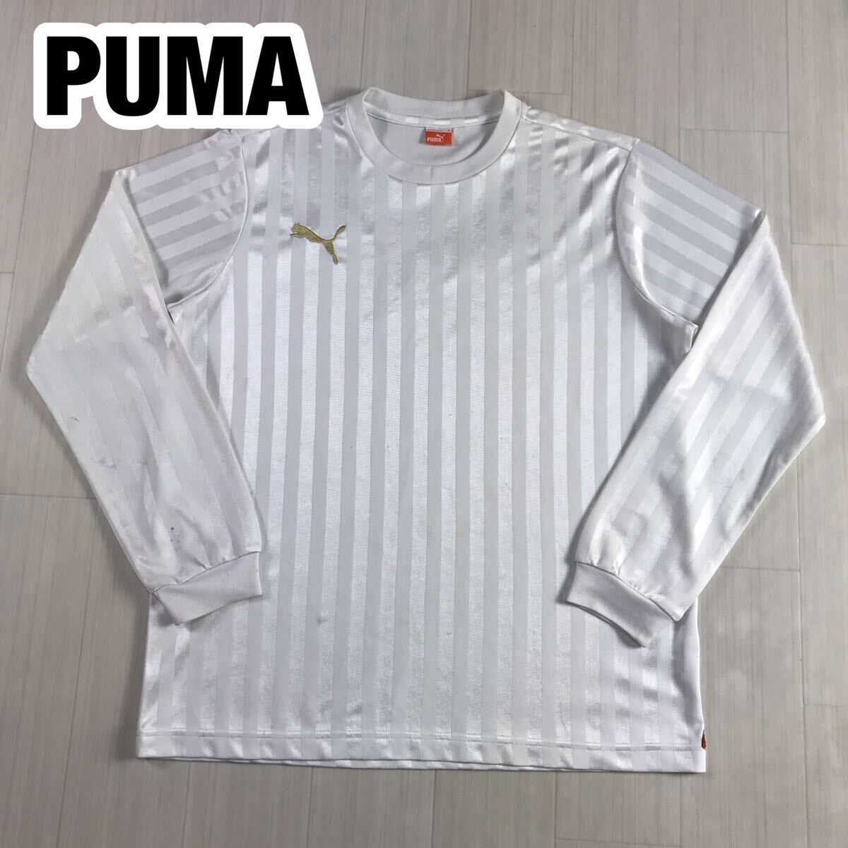 PUMA プーマ 長袖Tシャツ M ストライプ ホワイト プリントロゴ 刺繍ロゴ ビッグロゴ_画像1