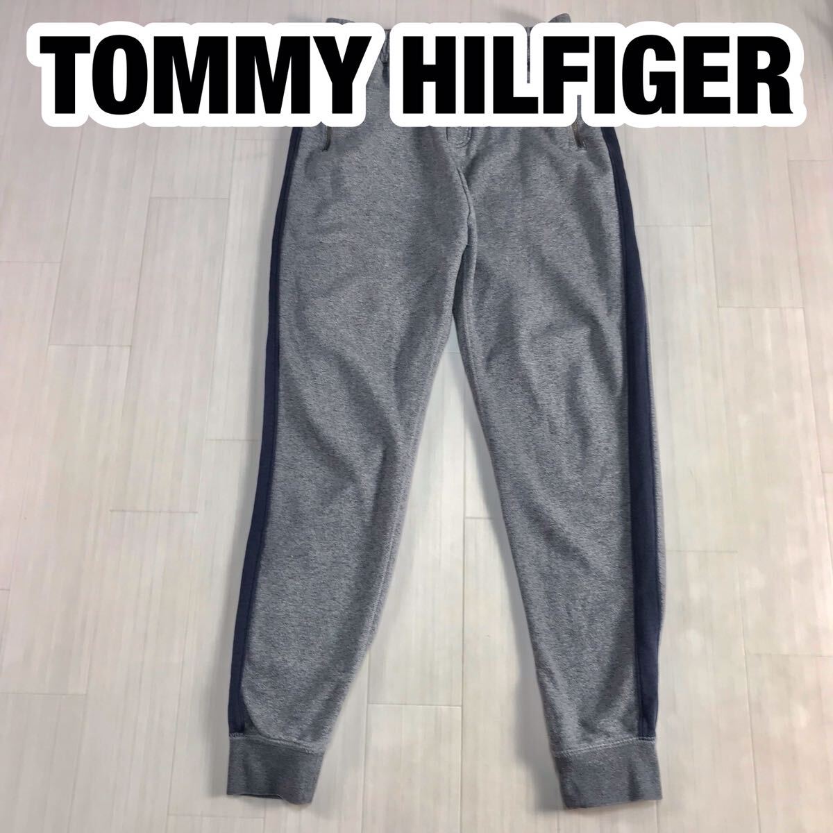 TOMMY HILFIGER トミー ヒルフィガー スエットパンツ L グレー×ネイビー ラインパンツ 刺繍ロゴ フラッグの画像1