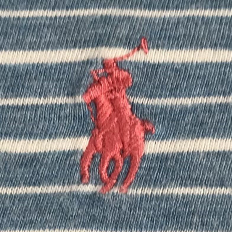 RALPH LAUREN ラルフローレン 半袖Tシャツ XL（16) ユース バイカラー ボーダー柄 くすみブルー×ホワイト 刺繍ポニー_画像4