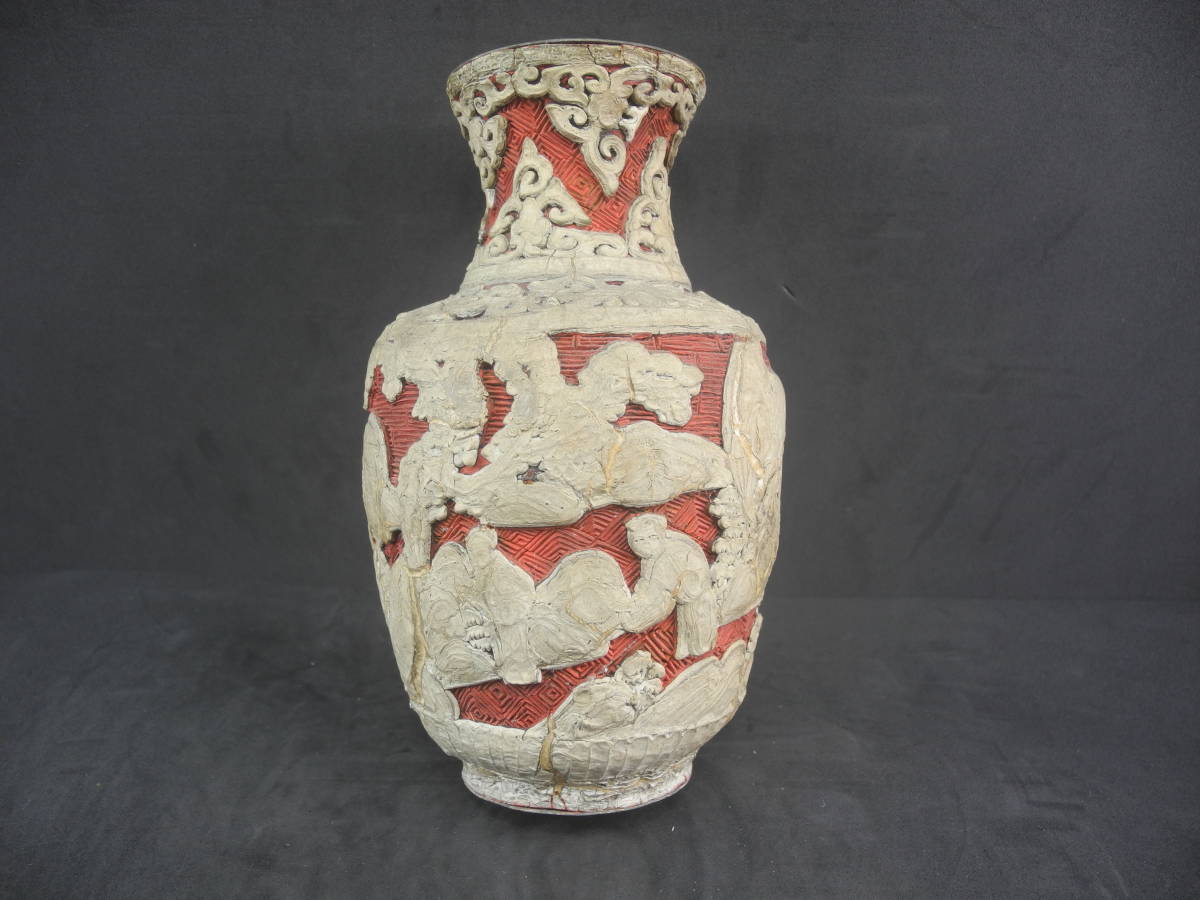 中國銅胎堆白紅地花瓶細工時代物古作唐物  雅虎拍卖代购