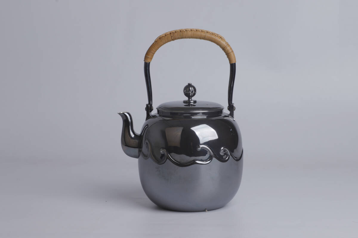 時代 純銀製 北村静香造 波紋 薬罐形湯沸 工芸品 古美術品 銀瓶 煎茶道具