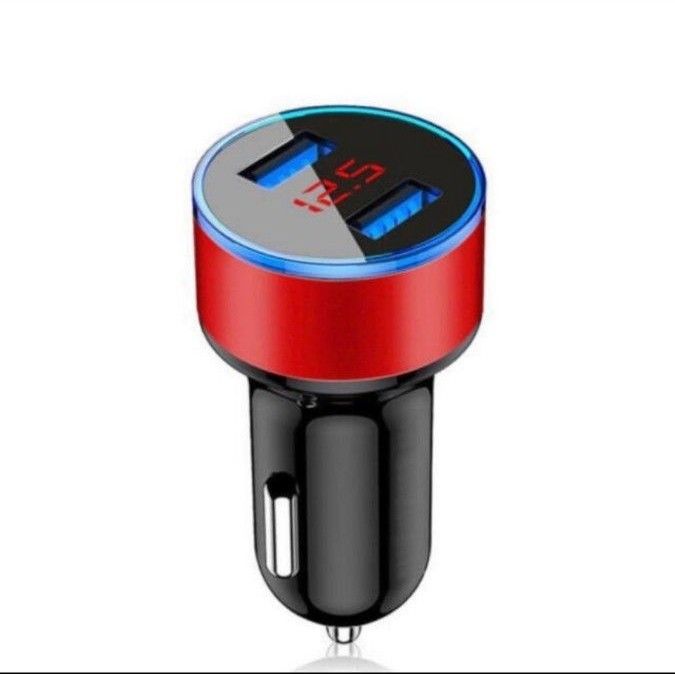 【レッド】 USB車載充電器 デジタル電圧計 USB 2ポート シガーソケット
