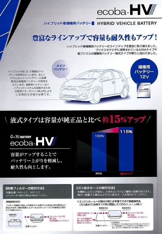 ノア ハイブリッド ZWR80G ZWR80W ハイブリッド補機バッテリー ecoba-HV HV-L2 LN2 G&Yu_画像2