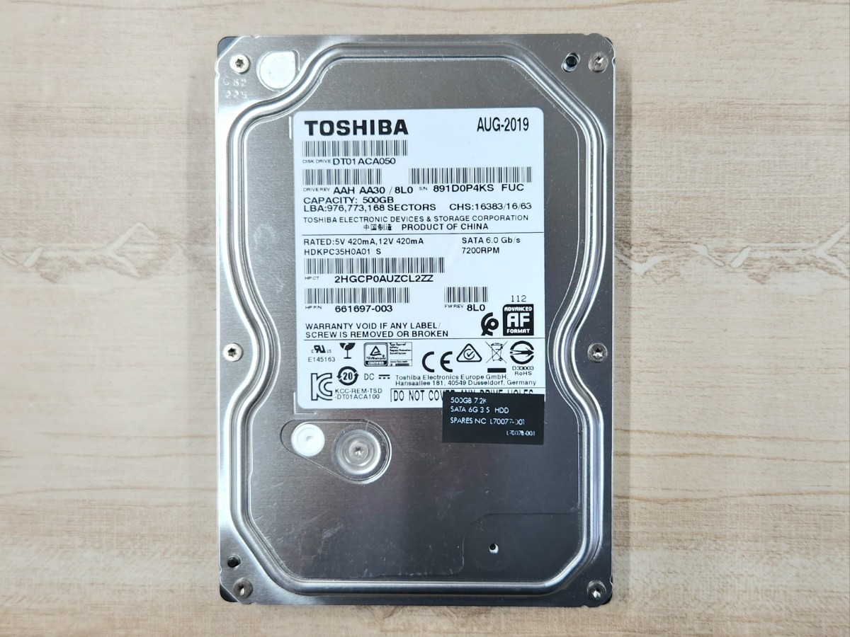 【送料無料】中古HDD 500GB 3.5インチ 東芝 DT01ACA050 AUG-2019 TOSHIBA 動作確認済 健康状態:正常 HDD 内臓HDD 送料無料 3.5インチ25_画像1