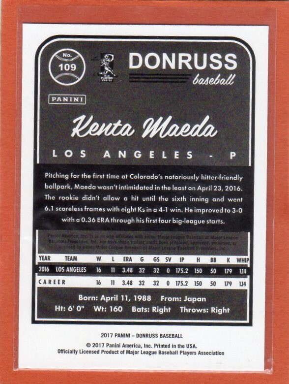 ●前田健太 カード Vol.67 2017PANINI DONRUSS #109 ロサンゼルス・ドジャースの画像2