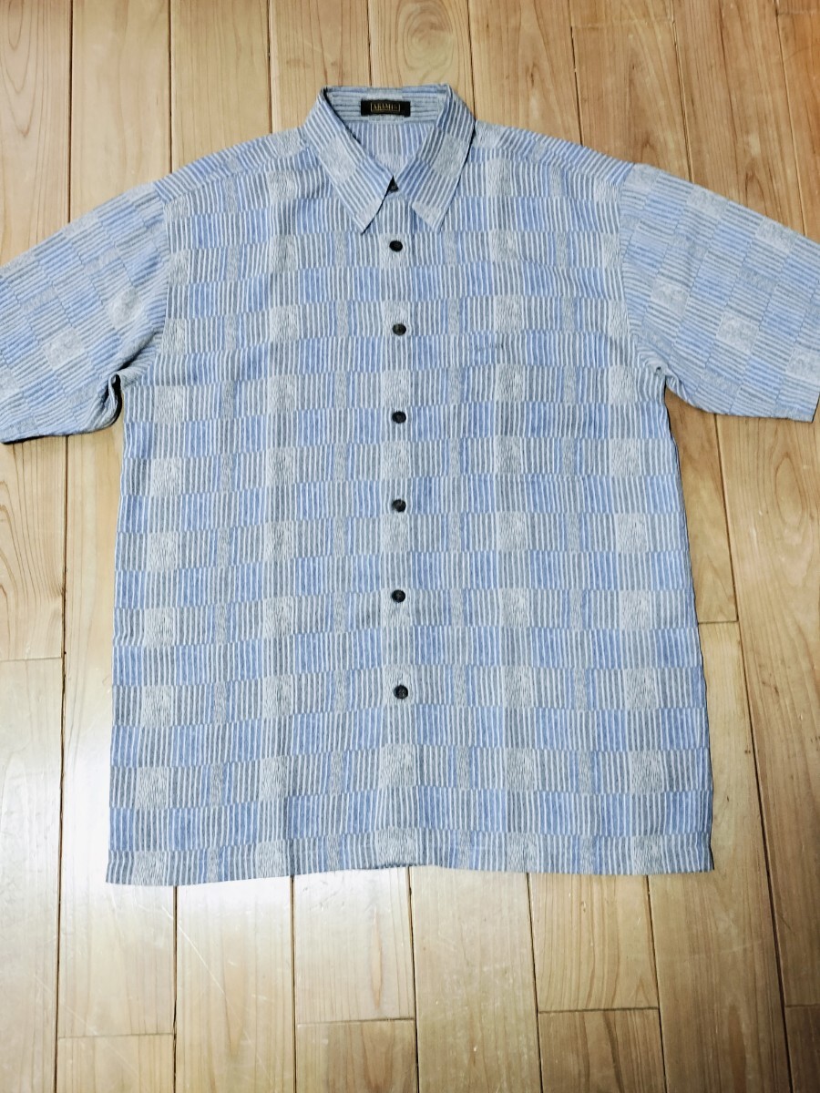 ARAMIS アラミス 半袖シャツ メンズM グレー×ブルー系 総柄 日本製 タウンユース 超美品 送料無料 の画像1