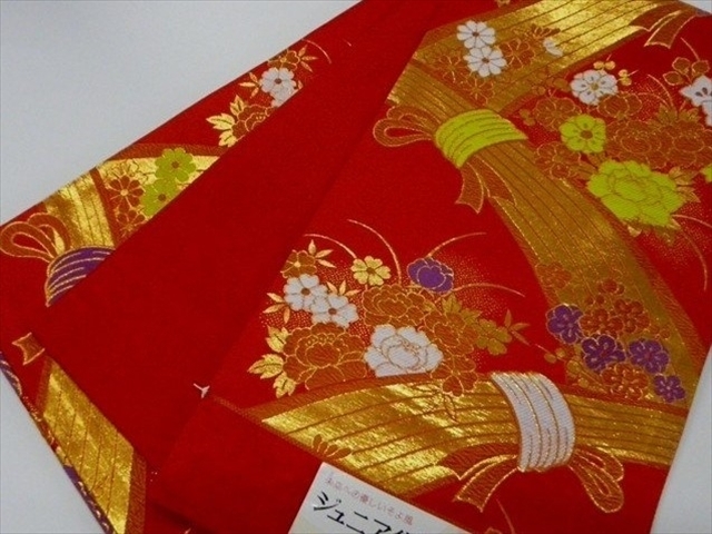 ジュニア袋帯 絹交織 日本製 赤 束ね熨斗 花柄 未仕立て七五三 027