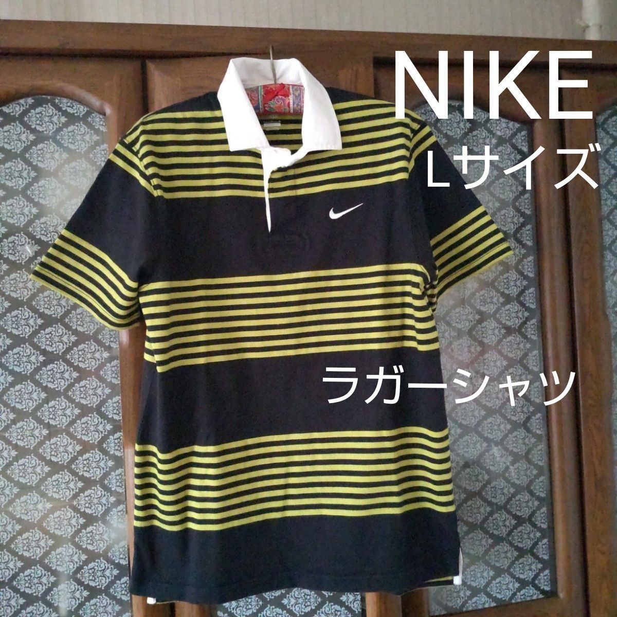 NIKE ナイキ 半袖ラガーシャツ Lサイズ 刺繍ロゴ ボーダー ポロシャツ