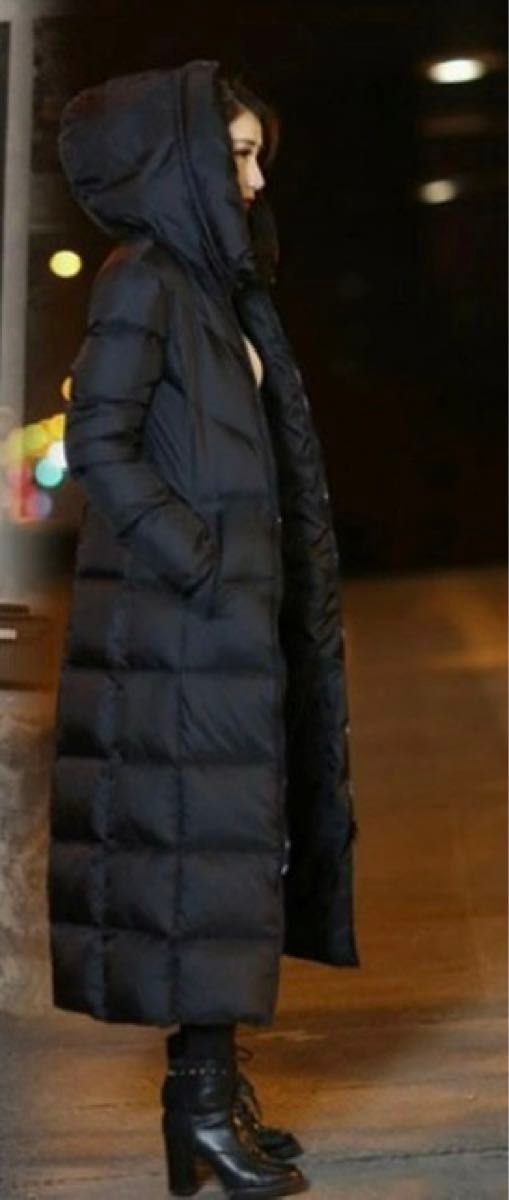 未使用 中綿コート 中綿ジャケット ロングコート 黒 ブラック Mサイズ フード付き 小顔効果 厚手コート防寒レディース アウター