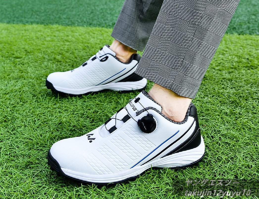  высококлассный товар туфли для гольфа мужской dial тип широкий 4E спортивная обувь Fit чувство легкий эластичность . мужской спорт обувь водонепроницаемый . скользить выдерживающий . белый / синий 25.0cm