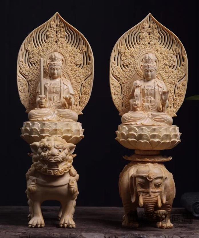 極上品 仏像 文殊菩薩座像 普賢菩薩座像 仏教美術 手彫り 精密 極上品 仏像 文殊菩薩座像 普賢菩薩座像 仏教美術 手彫り 精密