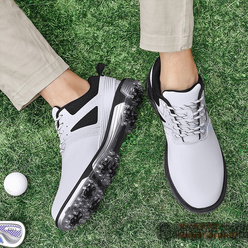 高級 ゴルフシューズ 4E 運動靴 メンズ ソフトスパイク 強いグリップ新品 軽量 フィット感 スポーツシューズ弾力性 防水防滑耐磨 白 26.0cm_画像9