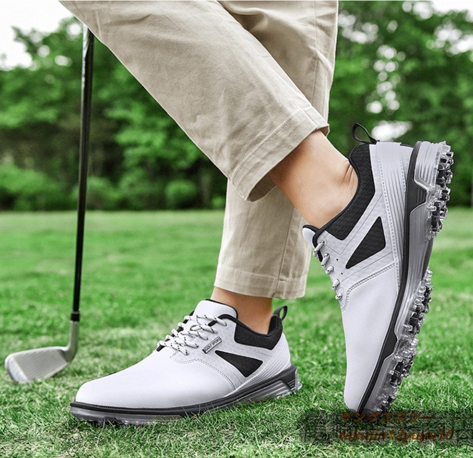 高級 ゴルフシューズ 4E 運動靴 メンズ ソフトスパイク 強いグリップ新品 軽量 フィット感 スポーツシューズ弾力性 防水防滑耐磨 白 26.0cm_画像3