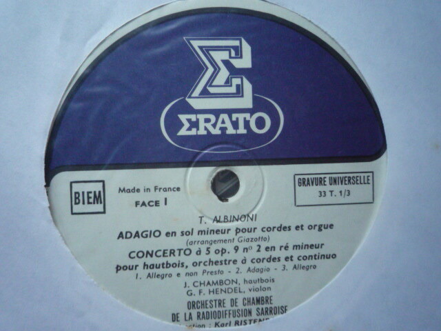 SL38 仏ERATO盤LP アルビノーニ/アダージョ、協奏協、シンフォニア、ソナタ リステンパルト/ザールCO_画像3