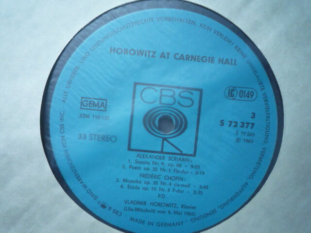 SO11 独CBS盤2LP ホロヴィッツ・アト・カーネギー・ホール/バッハ、シューマン、ショパン他 1965/5/9_画像3