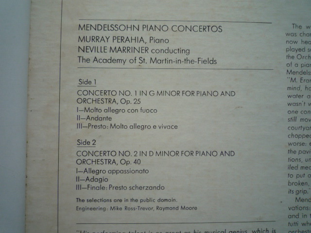 SO73 米Columbia盤LP メンデルスゾーン/ピアノ協奏曲1、2番 ペライア/マリナー/アカデミーCOの画像2
