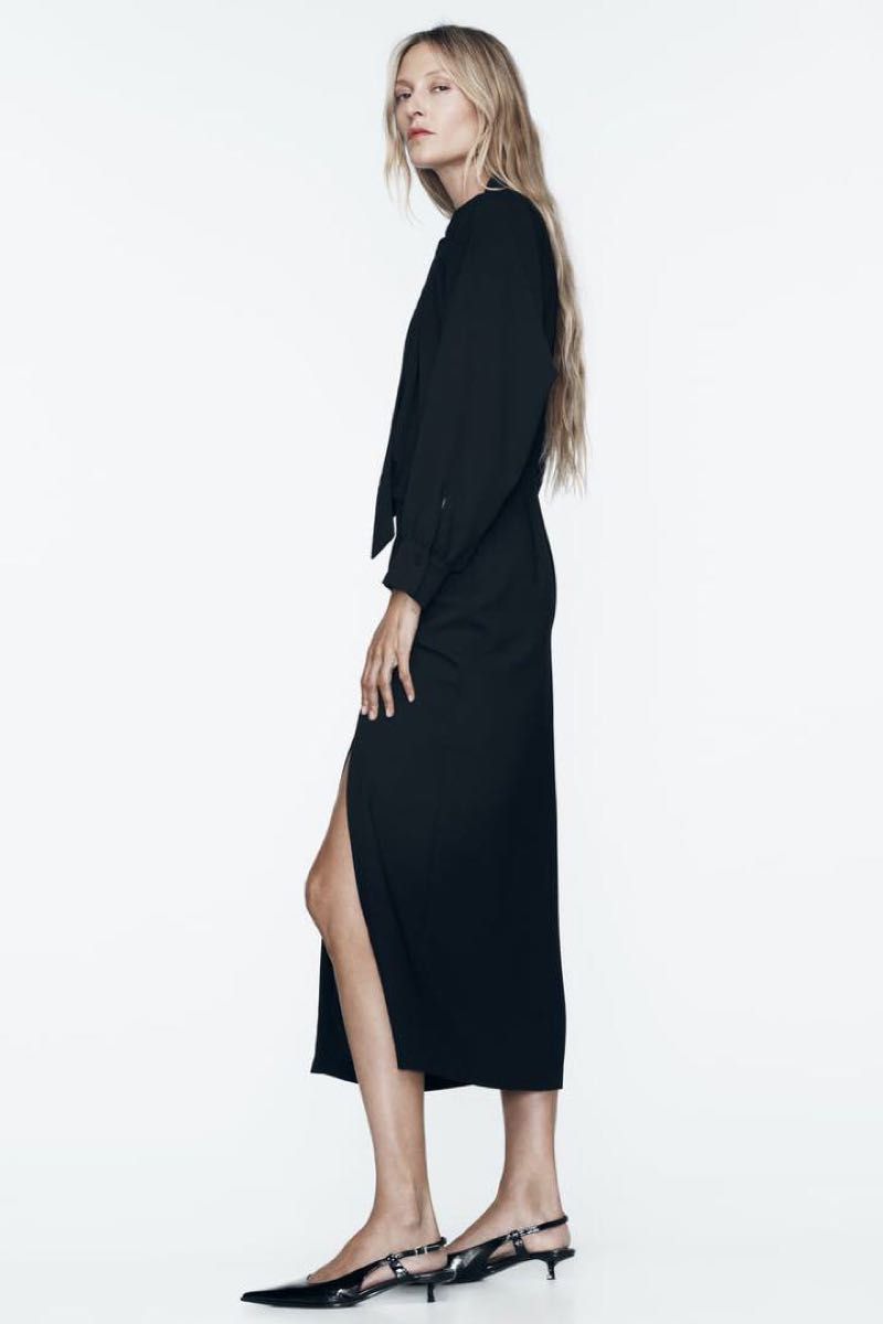 ◆Self-portrait◆クレープ ギャザー入り ミディ丈ワンピース ZARA ボウタイ クレープ ミディワンピース ブラック S リボン