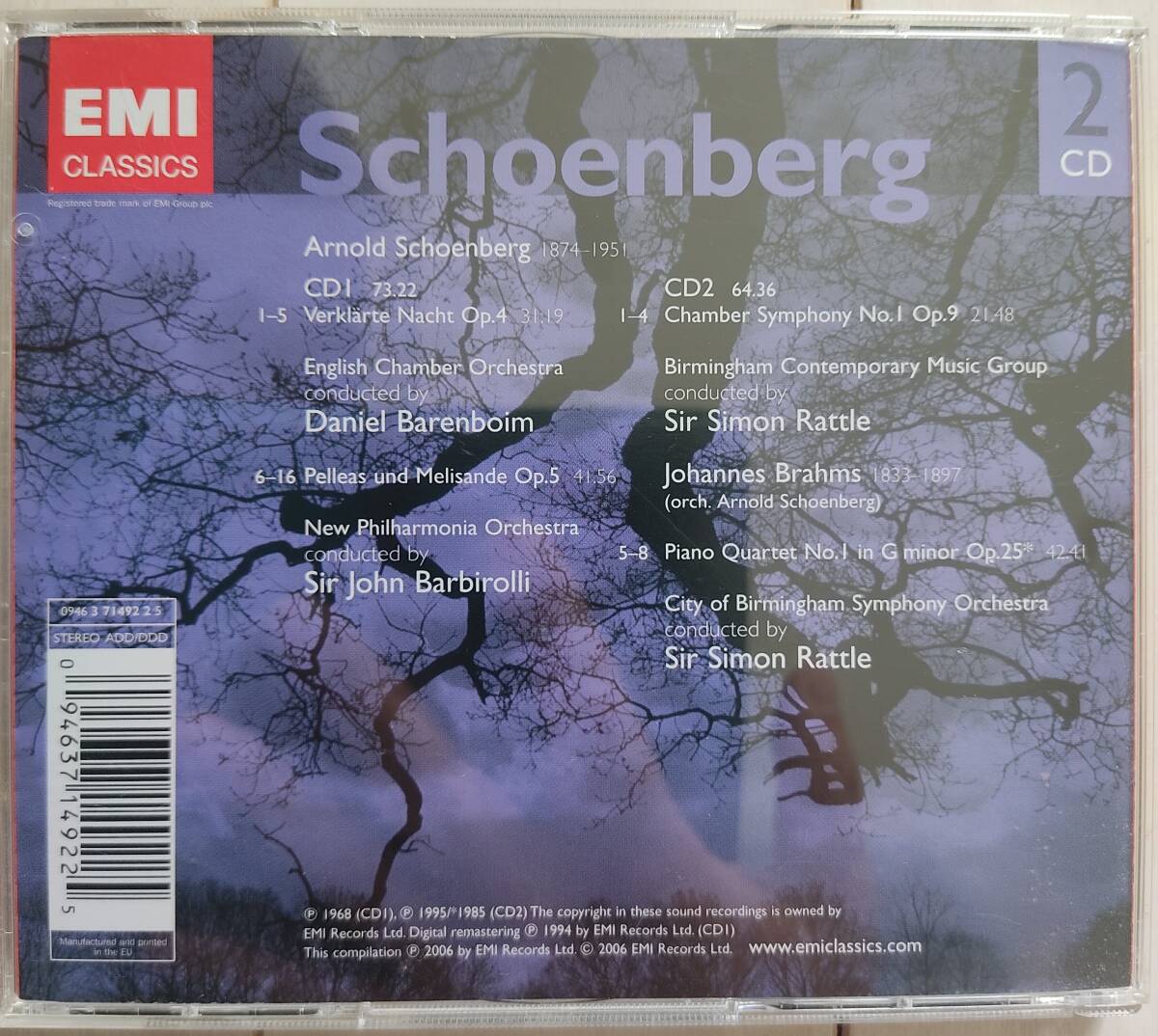 【2CD】シェーンベルク：浄夜、ペレアスとメリザンド、室内交響曲第１番 他／バレンボイム、バルビローリ、ラトル 指揮【EMI】の画像2