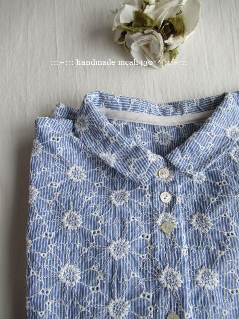 :::ハンドメイド cotton ストライプ flower刺繍 チビエリシャツ チュニック丈  :::の画像10