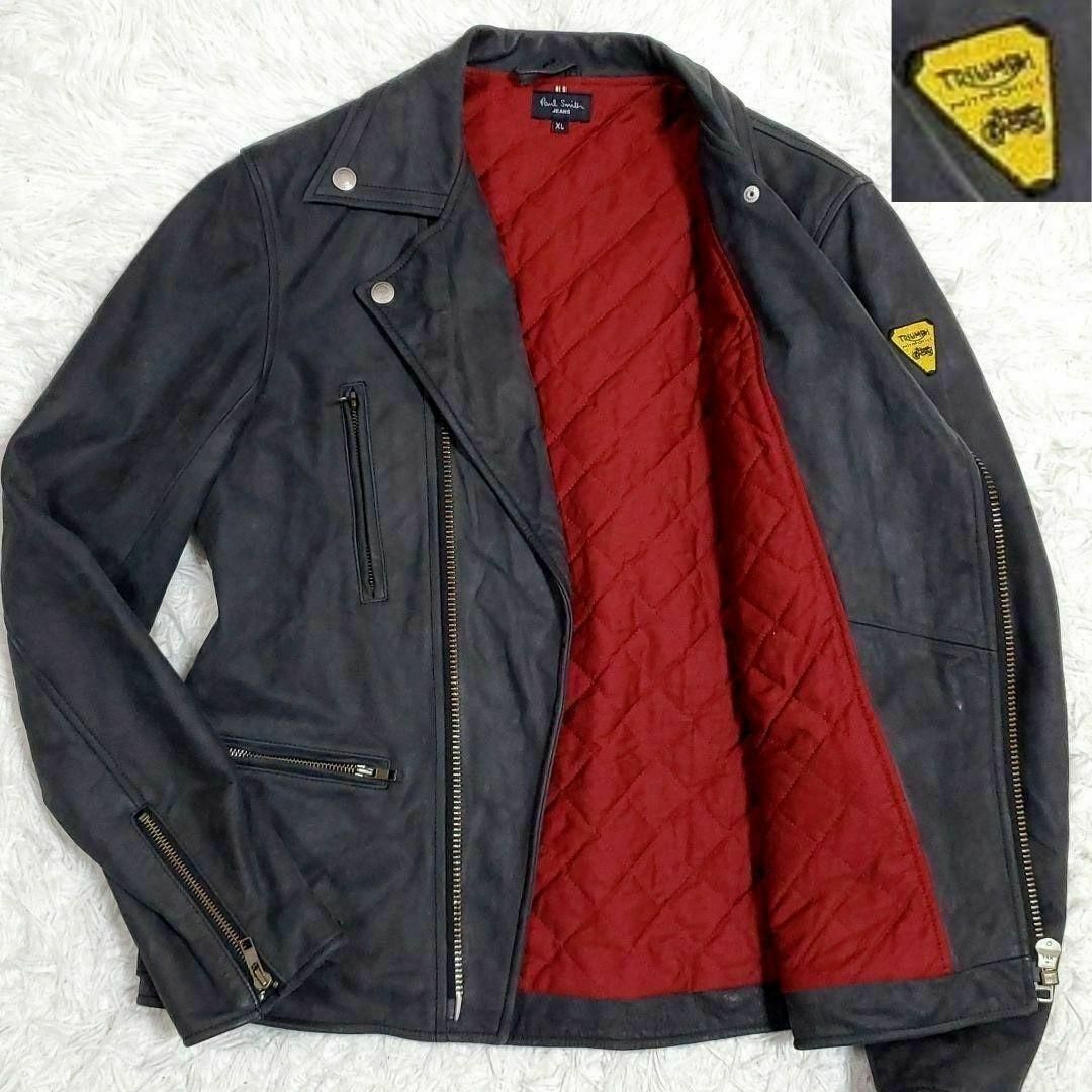 XL ポールスミスジーンズ トライアンフ 牛革 ダブルライダースジャケット 黒系 中綿 キルティング Paul Smith Triumph カウレザー ブルゾン_画像1