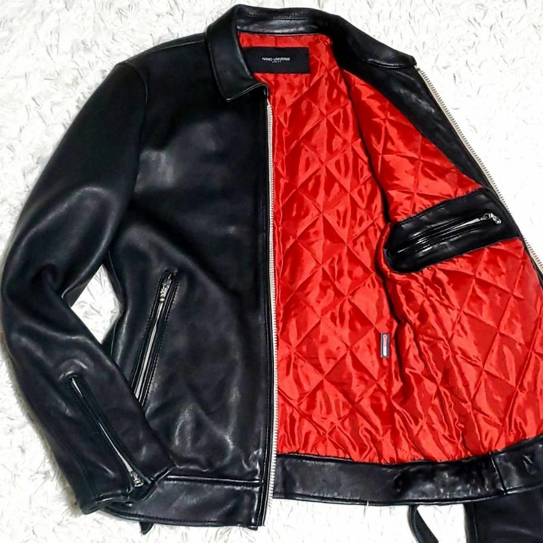  ultimate beautiful goods L Nano Universe sheep leather single rider's jacket black cotton inside quilting nano universe ram leather sheep blouson black 