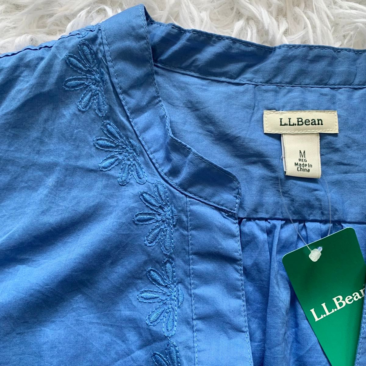 新品 L.L.Bean エルエルビーン カフタンシャツ M〜Lサイズ 青系 コットン100% 刺繍 プルオーバー 長袖ブラウス