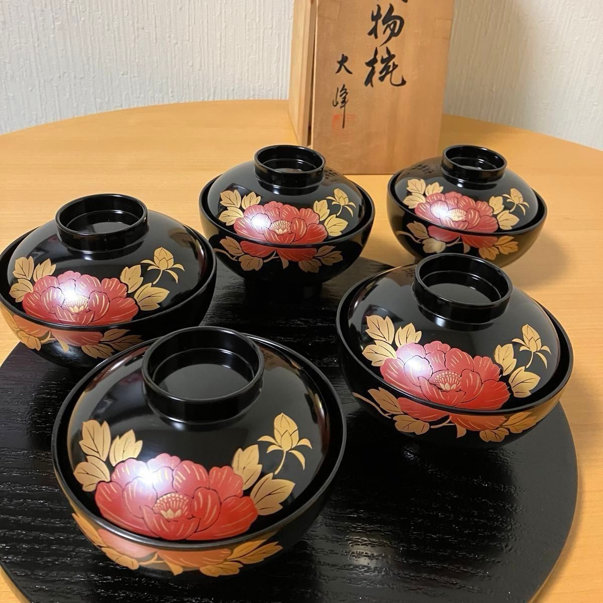 【未使用】会津塗　大峰　牡丹　金蒔絵　汁椀　吸物椀　5客