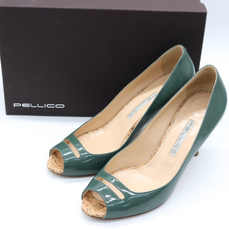ペリーコ パンプス 本革 エナメルレザー オープントゥ ピンヒール イタリア製 シューズ 靴 レディース 38サイズ モスグリーン PELLICO