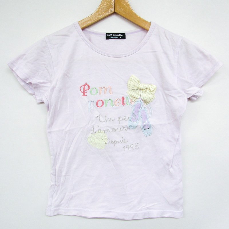 ポンポネット 半袖Tシャツ ロゴ刺繍 リボン付き キッズ 女の子用 M(150)サイズ パープル pom ponette_画像1
