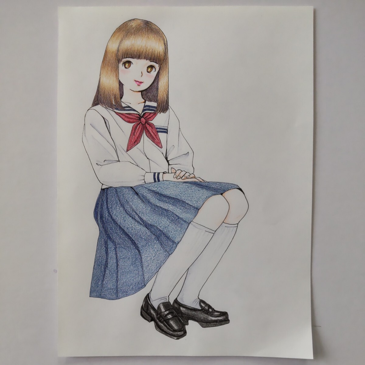 手描きイラストオリジナル 色鉛筆画 B5サイズ 原画 セーラー服スカーフ赤_画像4