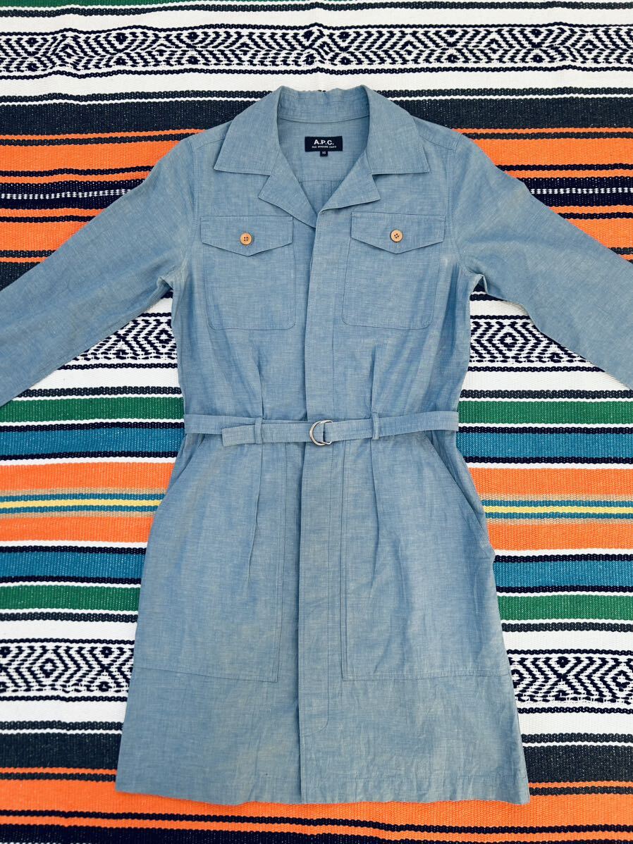  free shipping A.P.C. One-piece tunic blouse XS size coat blue linen flax A.P.C. car n blur -APC lady's 