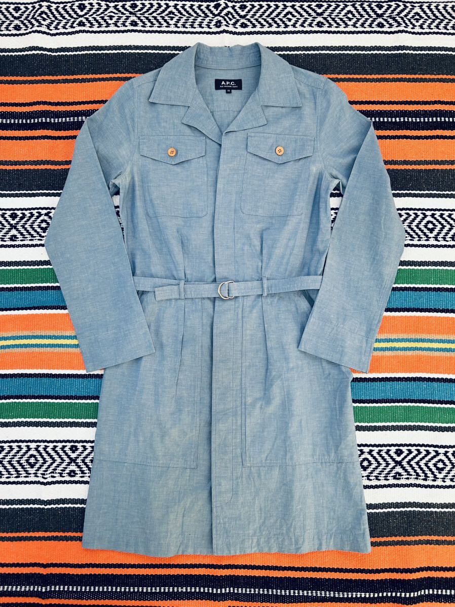  free shipping A.P.C. One-piece tunic blouse XS size coat blue linen flax A.P.C. car n blur -APC lady's 